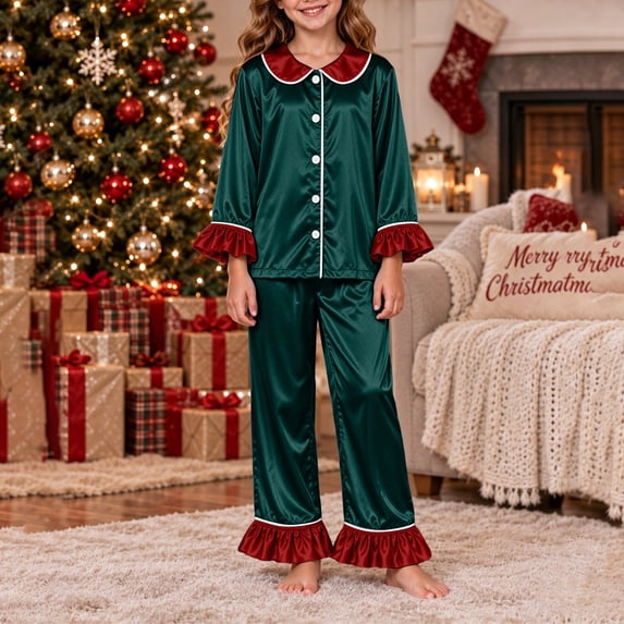 Kelon Christmas Pjs for Family, Silk Satin Christmas Pajamas for Family, Matching Pajamas for Couples, Holiday Family Pajamas Matching Sets with Trim & Ruffle Hem, Christmas Pjs for Family