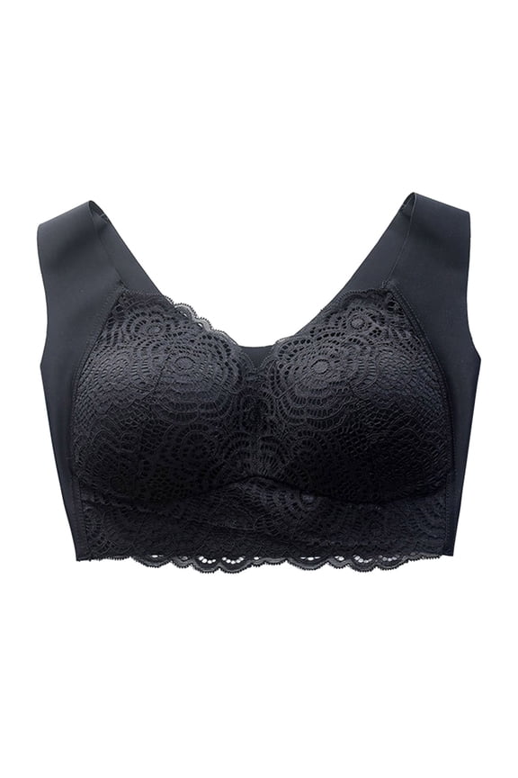 Deep V Wireless Bras for Women Seamless Comfy Bralettes Lightly Lined Comfort Fit Full-Coverage Bra Black