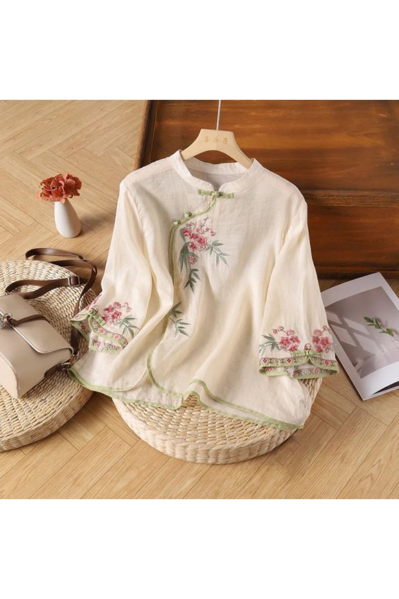 Dressy Tops for Women Short Womens 3/4 Length Sleeve Cowl Neck Embroidered Shirt 2026 Casual Summer Tshirt, L