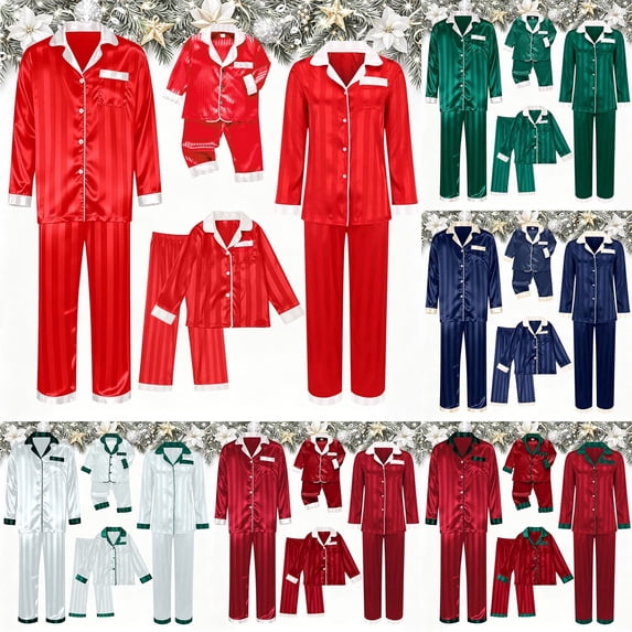Kelon Family Pajamas, Long Sleeve Satin Button Down Sleepwear, Holiday Pjs