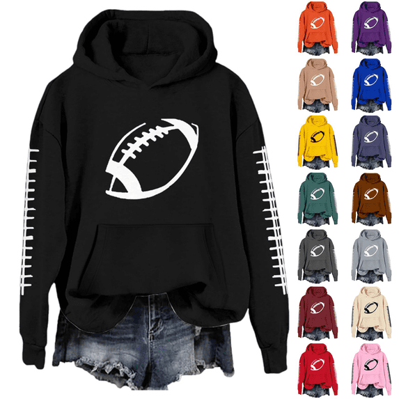 Kelon Game Day Hoodies Sweatshirts for Women Football Printed Graphic Shirt Pullover Long Sleeve Sweaters with Pocket Athletic Casual Trendy Clothes, XL