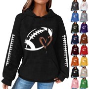 Kelon Game Day Women Waffle Hoodie Football Pattern Print Casual Sweatshirts Pullover Long Sleeve Lightweight Hood Tops, L