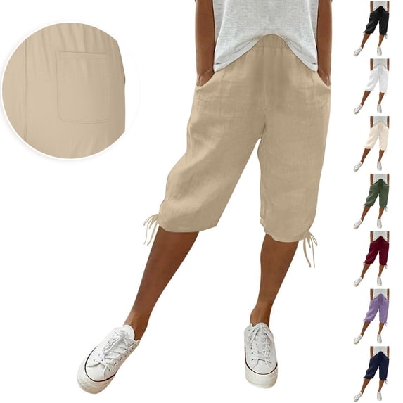 Kelon High Waisted Linen Shorts Drawstring Elastic Waist Shorts Casual Summer Pedal Pushers with Pockets L