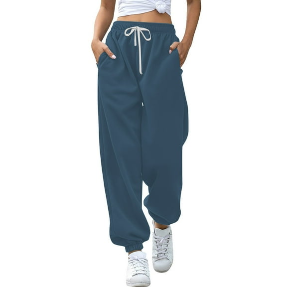 Kelon Straight Leg Sweatpants for Women, Fleece Loose Fit Open Bottom Lounge Womens Sweatpants with Pockets Blue