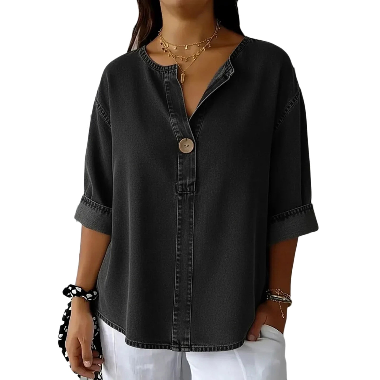 Kelon T Shirt Women Denim 2026 Summer V Neck 3/4 Sleeve Button Down ...