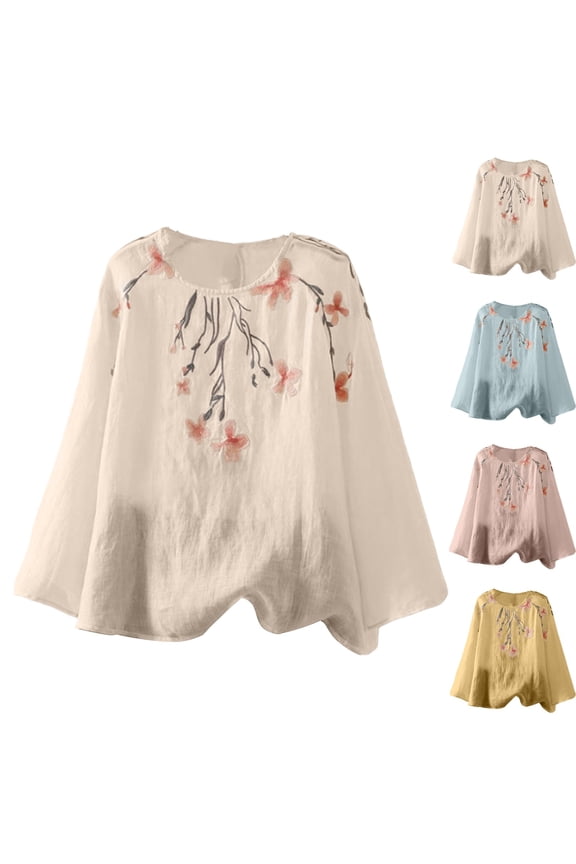 Tops for Women Long Sleeve Crew Neck Ethnic Embroidered Blouse Fashion Clothes Vacation Outfits Summer Going Out Basic Tee, M