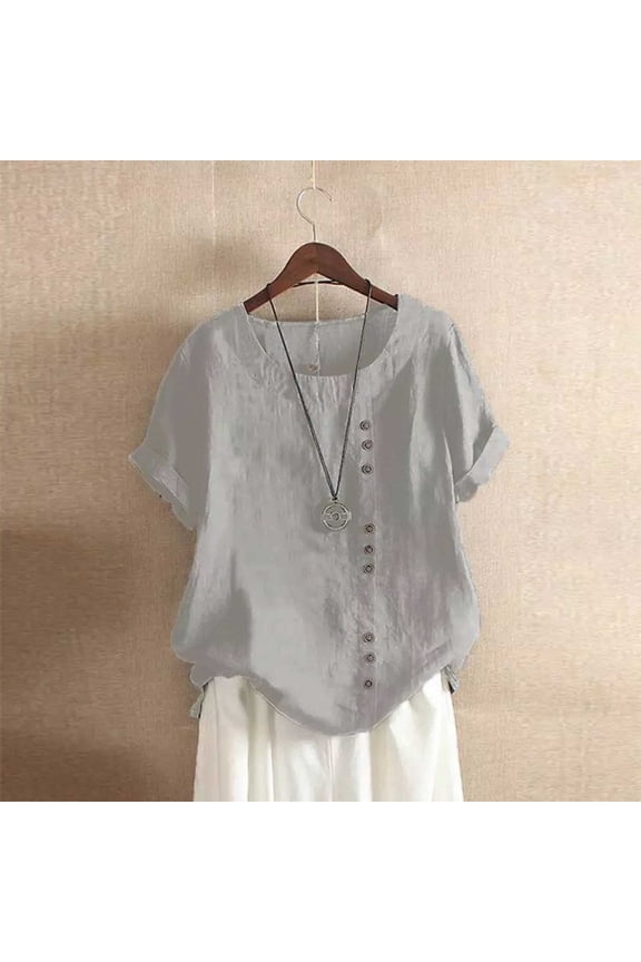 Tops for Women Short Sleeve Shirts V Neck Linen Cotton 2026 Summer Casual Basic Workout Clothes, S
