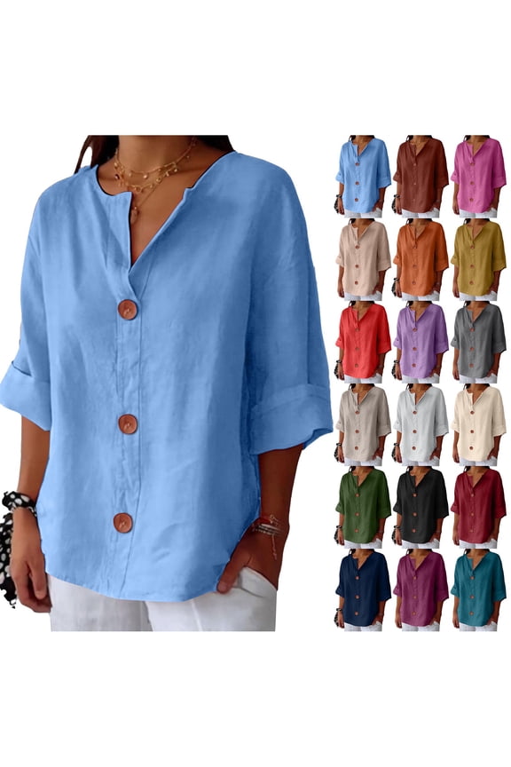 Tops for Women Short Sleeve Shirts V Neck Linen Cotton Vacation Clothes Cruise Outfits Business Casual Blouses 2026 Summer Tops, 5XL