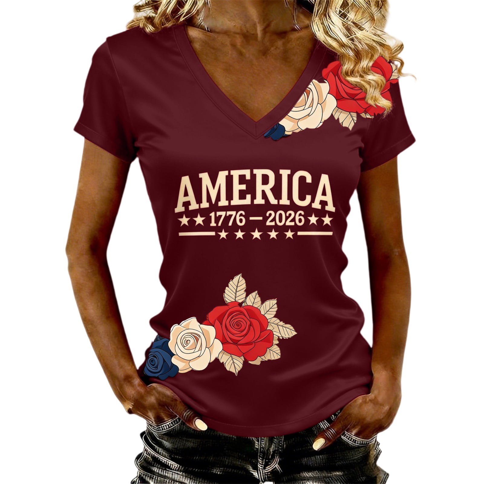 Kelon USA 250th Anniversary Shirts for Women Short Sleeve V Neck Tops ...