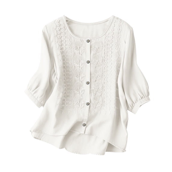 Womens Workout Clothes Kelon Wemens Tops Summer Cotton Linen Shirts 3/4 Sleeve Round Neck Embroidered T-Shirts Dressy Casual Business Tee Blouses 2026 Trendy Clothes, 2XL