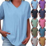 Womens Workout Clothes Kelon Women Blouses Short Sleeve Cotton Linen Shirt Casual V Neck Top Work Blouses Business Casual Outfits, S