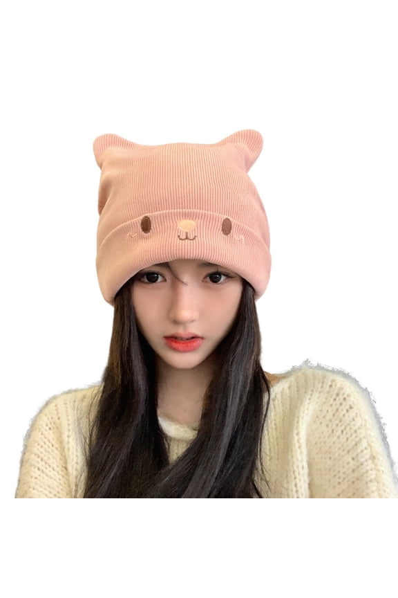 Women Cute Bear Ear Knitted Hat, Slouchy Crochet Cap, Fashion Winter Daily Accessories, One Size Bomber Hats