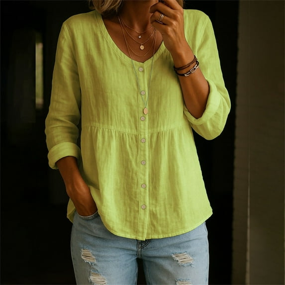 Kelon Women Shirts, Women's Cotton Linen Shirt Tops Casual Crew Neck Long Sleeve Button Down Tee Shirt Blouses, 2XL