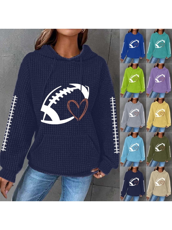 Women Waffle Knit Pullover Hoodie Football Print Graphic Drawstring Sweatshirt Game Day Pullover Long Sleeve Sweat Shirt Athletic Loose Fit Tops, M