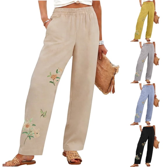 Kelon Women's Casual Pants, Embroidered Linen Pants for Women High Waisted Wide Leg Cropped Palazzo Pants with Pockets Cute Ruffle Boho Flowy Beach Pant, M