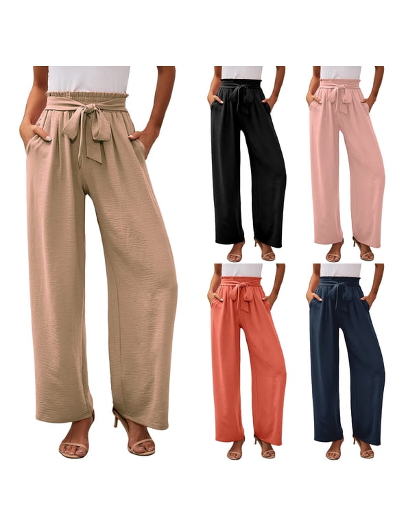 Women's Casual Pants, Women's Wide Leg Lounge Pants with Pockets Lightweight High Waisted Adjustable Tie Knot Loose Trousers High Waist Casual Wide Leg Trousers Summer Beach Vacation Outfits, S
