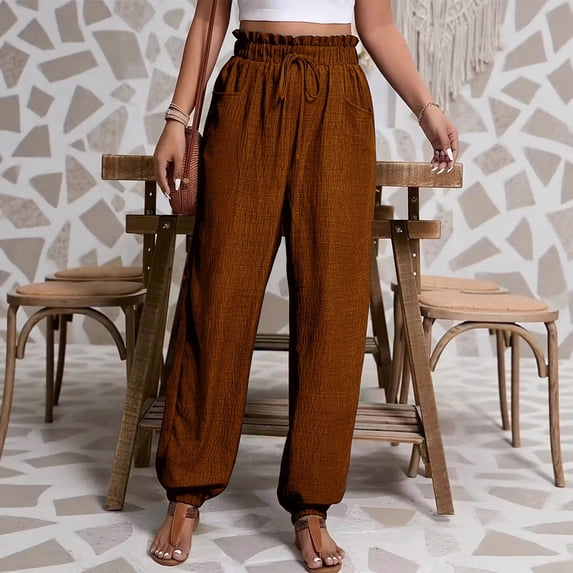 Kelon Women's Casual Pants, Womens Linen Pants Wide Leg Palazzo Capri Drawstring Casual Lounge Flowy Summer Beach Vacation Crop Trousers with Pockets, M