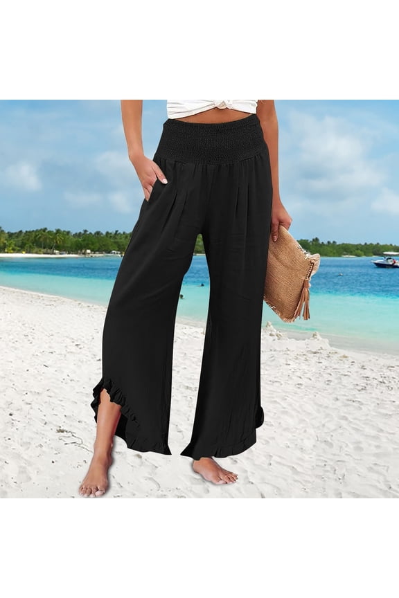 Women's Casual Pants, Womens Palazzo Lounge Pants Drawstring Elastic High Waisted Ruffle Hem Wide Leg Pants with Pockets, M