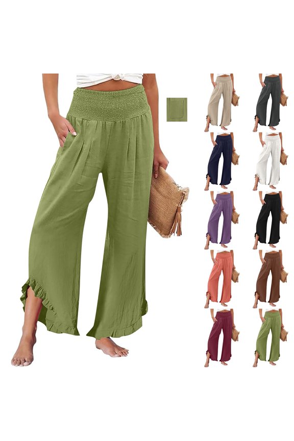 Women's Casual Pants, Womens Palazzo Lounge Pants Drawstring Elastic High Waisted Ruffle Hem Wide Leg Pants with Pockets, S