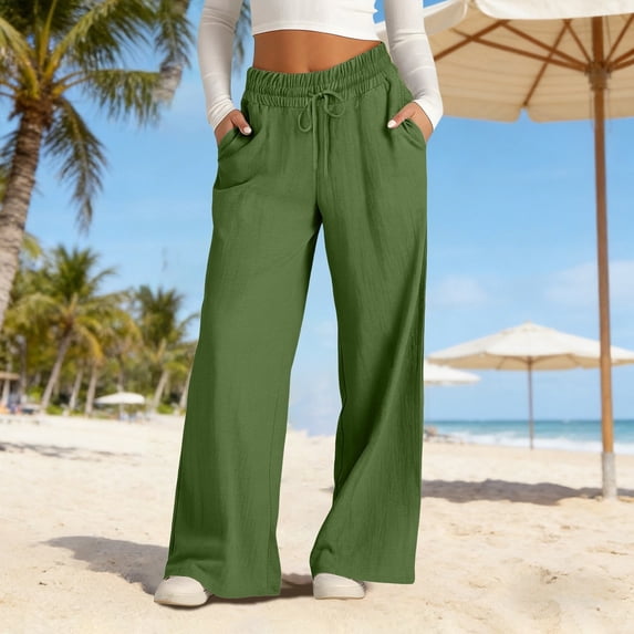 Kelon Women's Elastic Waist Linen Pants High Waisted Wide Leg with Pockets Breathable Loose Fit Casual Summer Beach