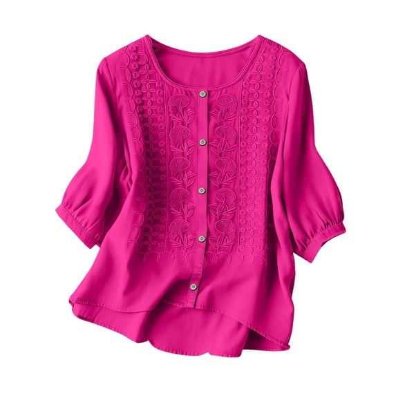 Womens Clothes Shorts Kelon Women's Embroidered Cotton Linen Button Top Crew Neck 3/4 Sleeve T-Shirt 2026 Spring Summer Fashion Clothes, M