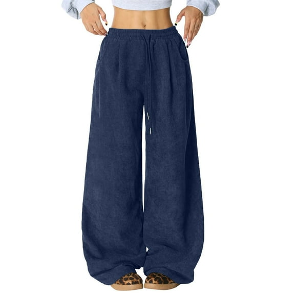 Kelon Women's High Waisted Drawstring Waist Wide Leg Sweatpants with Pockets Casual Loose Yoga Pants Blue