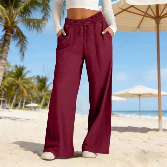 Kelon Women's Linen Wide Leg Pants High Waisted with Pockets Elastic Waist Loose Fit for Summer Beach Vacation Lounge