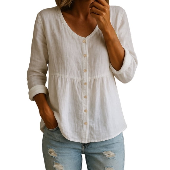 Kelon Women's Long Sleeve Button Down Shirt Cotton Linen Blend Crew Neck Casual Basic Tops Spring Summer