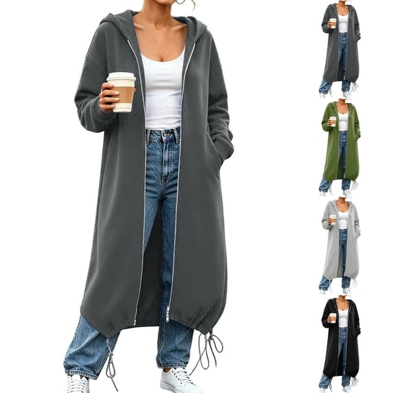 Kelon Women's Longline Zip Up Hoodie Sweatshirts, Oversized Fleece Cardigan Jacket, Casual Drawstring Hem Coat Tops, Comfy Soft Warm Outfits for Fall Winter, Daily, Travel & Lounge, S