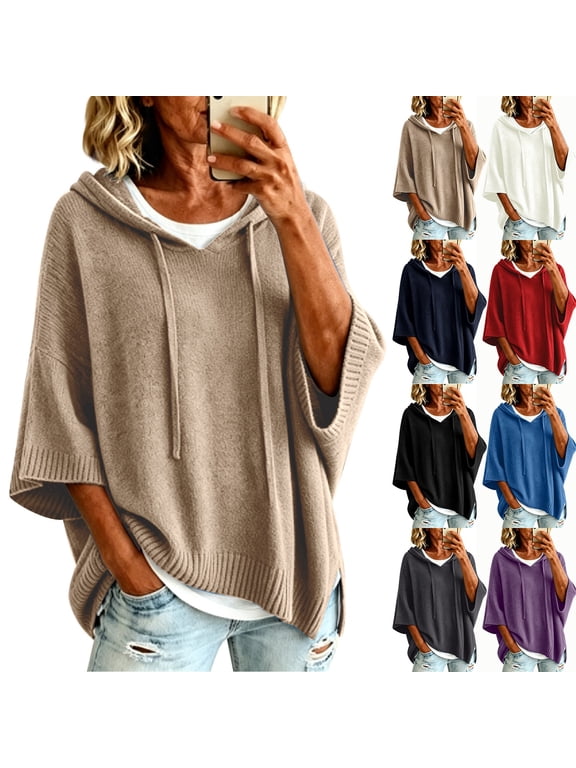 Women's Oversized Hooded Poncho Sweatshirts – Drawstring Short Sleeve Pullover Top with Ribbed Trim, Trendy Casual Loose Sweater, Comfy Soft Outfits for Daily, Lounge & Travel, M