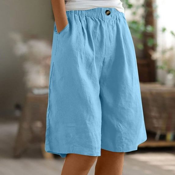 Kelon Women's Shorts, Cotton Linen Capri Pants for Women Knee Length Summer Shorts with Pockets, Straight Leg Loose Fit Beach, 5XL