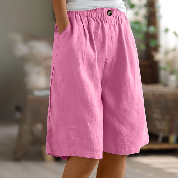 Kelon Women's Shorts, Cotton Linen Capri Pants for Women Knee Length Summer Shorts with Pockets, Straight Leg Loose Fit Beach, 5XL