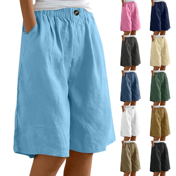 Kelon Women's Shorts, Cotton Linen Capri Pants for Women Knee Length Summer Shorts with Pockets, Straight Leg Loose Fit Beach, S