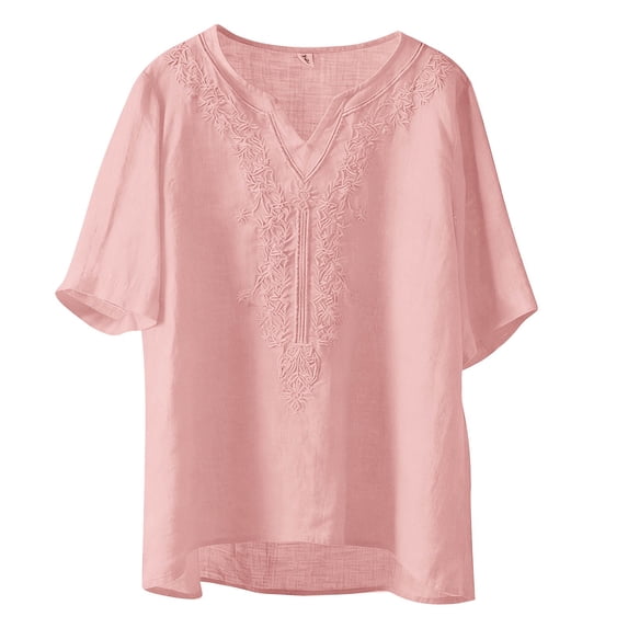 Plus Size Womens Clothes Kelon Women's Tops Short Sleeve Shirts V Neck Ethnic Embroidered Blouse Cute Trendy Going Out Tops, L