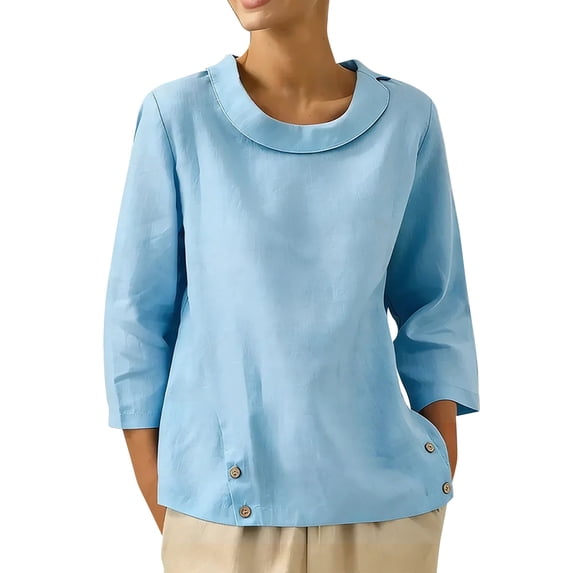 Womens Clothing Kelon Women's Tops, Tees & Blouses Long Sleeve Crewneck Button Linen Cotton Summer Spring Clothes, 2XL