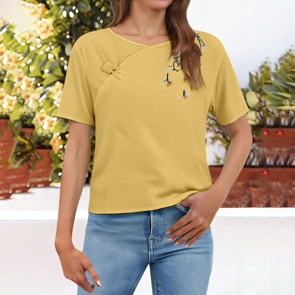 Women'S Tops, Tees & Blouses Kelon Women's Tops, Tees & Blouses Short Sleeve Shirts Crew Neck Linen Cotton Trendy Tunic Blouses, XL