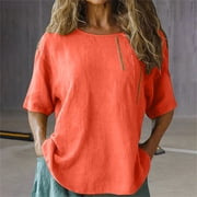 Womens Shirts Short Sleeve Kelon Womens Blouses Short Sleeve Shirts Crew Neck Linen Cotton Summer Outfits 2026 Fashion Clothing Blouses Oversized Shirt Clothing, XL