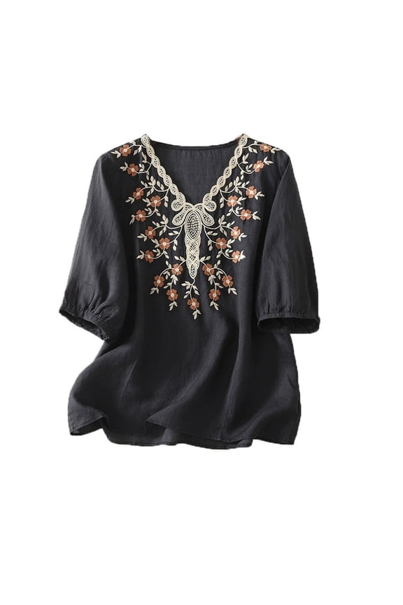 Womens Blouses Short Sleeve Shirts V Neck Embroidered Shirt Going Out Outfits Y2k Clothes Fashion Clothes Vacation Outfits, 2XL