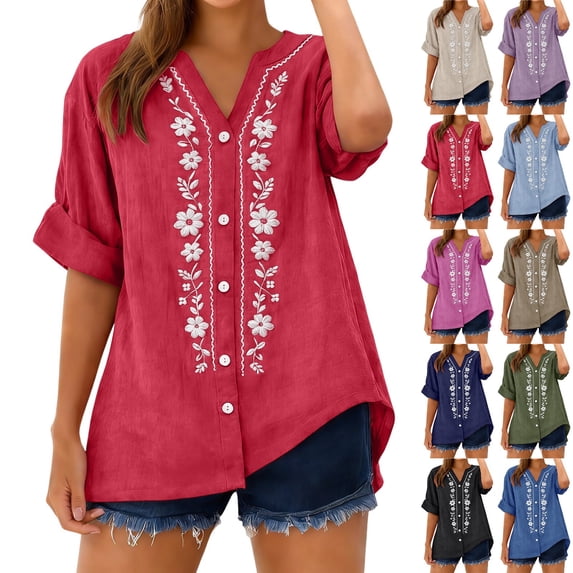 Business Casual Tops for Women Kelon Womens Blouses Short Womens 3/4 Length Sleeve V Neck Linen Cotton 2026 Spring Summer Fashion Clothes, S