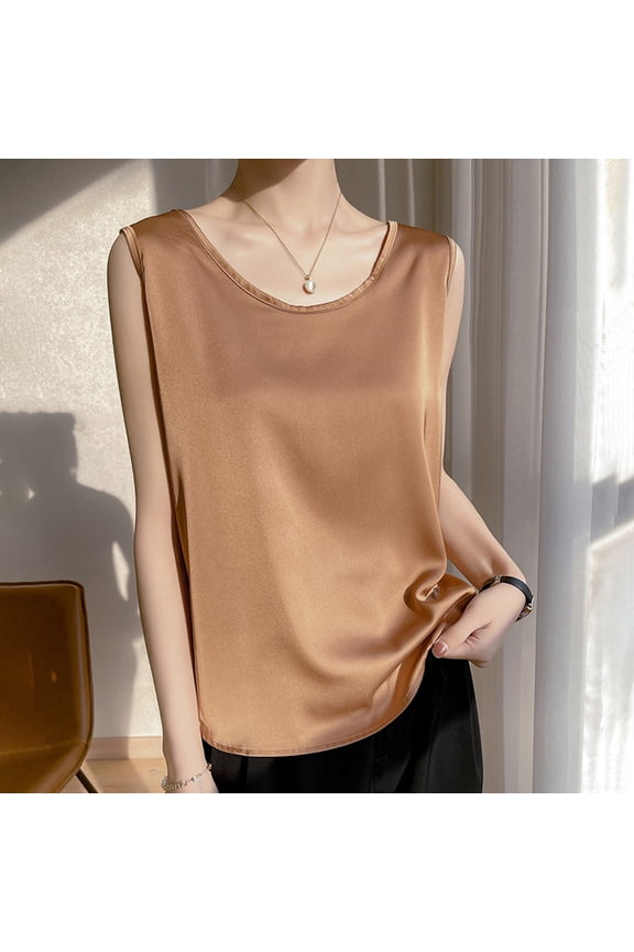 Womens Crop Tank Tops Crew Neck Silk Satin Blouse Summer Outfits 2026 Fashion Clothing Blouses, S