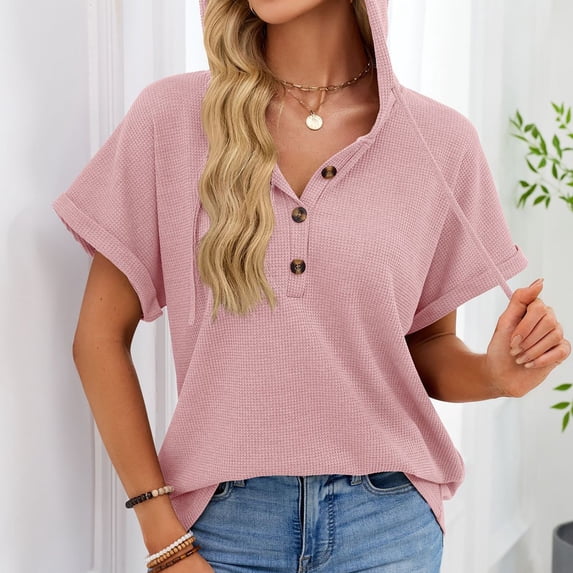 Womens Clothes Kelon Womens Summer Short Sleeve V Neck Drawstring Hoodies Button 2026 Summer Casual Basic Workout Clothes Business Casual Office Top, S