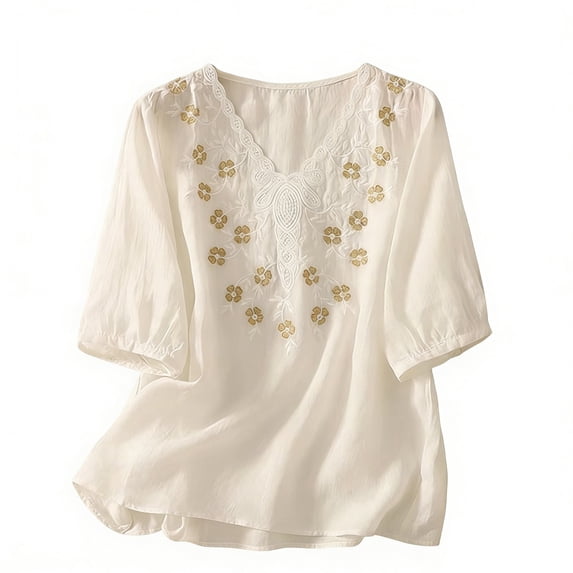 Womens Clothes Summer Kelon Womens Summer Short Sleeve V Neck Embroidered Shirt Business Casual Blouses Dressy Work Tunic Tops, L