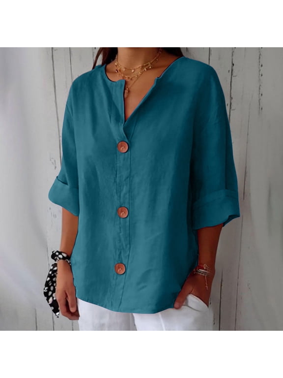 Womens Summer Short Sleeve V Neck Linen Cotton Dressy Casual Summer Vacation Fashion Clothing 2026 Summer Business Work Basic Tees, L