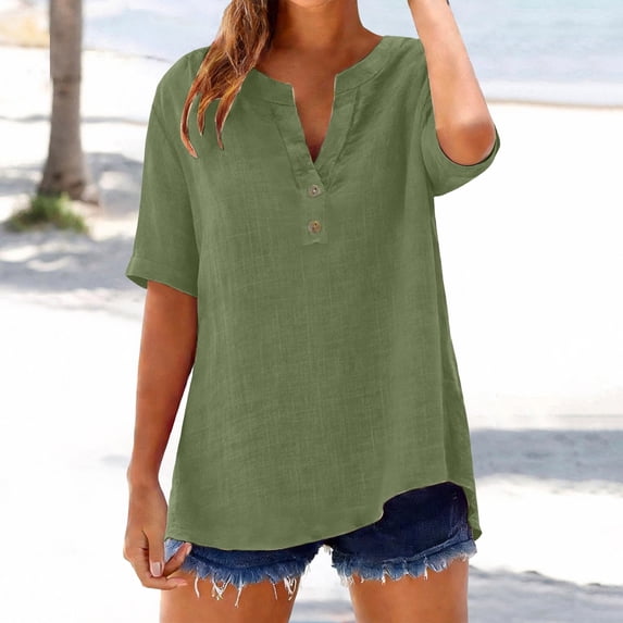 Clothes Womens Kelon Womens Summer Short Sleeve V Neck Linen Cotton Tunic Tops Casual Business Work Blouses Trendy Tees, XL