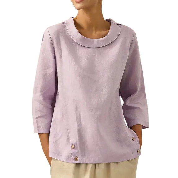 Womens Clothes Kelon Womens Summer Tops Long Sleeve Crewneck Button Linen Cotton Fashion Tunics Trendy Flowy Clothing, M