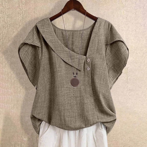 Kelon Womens Summer Tops Short Sleeve Shirts Cowl Neck Boho Tops Oversized Shirt Clothing Work Blouses Business Casual Outfits, L