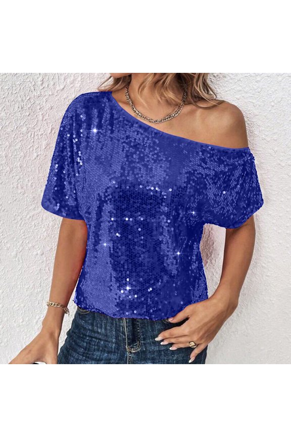 Womens Summer Tops Short Sleeve Shirts Cowl Neck Sequin Sparkly Tops Summer Loose Fit Tops Trendy, S