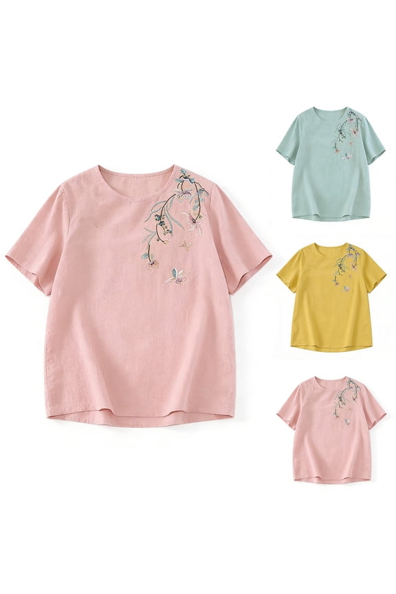 Womens Summer Tops Short Sleeve Shirts V Neck Ethnic Embroidered Blouse Dressy Casual 2026 T Shirts, L