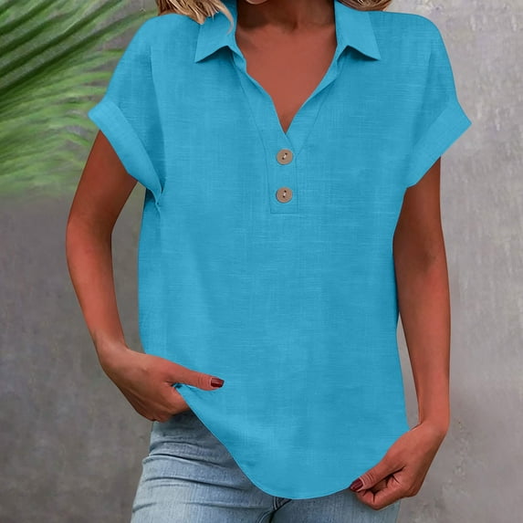 Kelon Womens Tops Short Sleeve Shirts V Neck Linen Cotton Summer Loose Fit Tops Trendy Dressy Casual Work Blouses, L