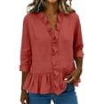 thumbnail image 1 of Kelon Womens V Neck Shirt Long Sleeve Cotton Blouses Ruffled Top with Collar Business Casual Basic Spring Outfits, 1 of 8